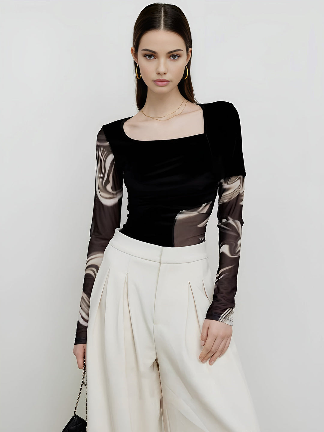 Semi-Sheer Geometrisches Print Mesh Jersey Oberteil