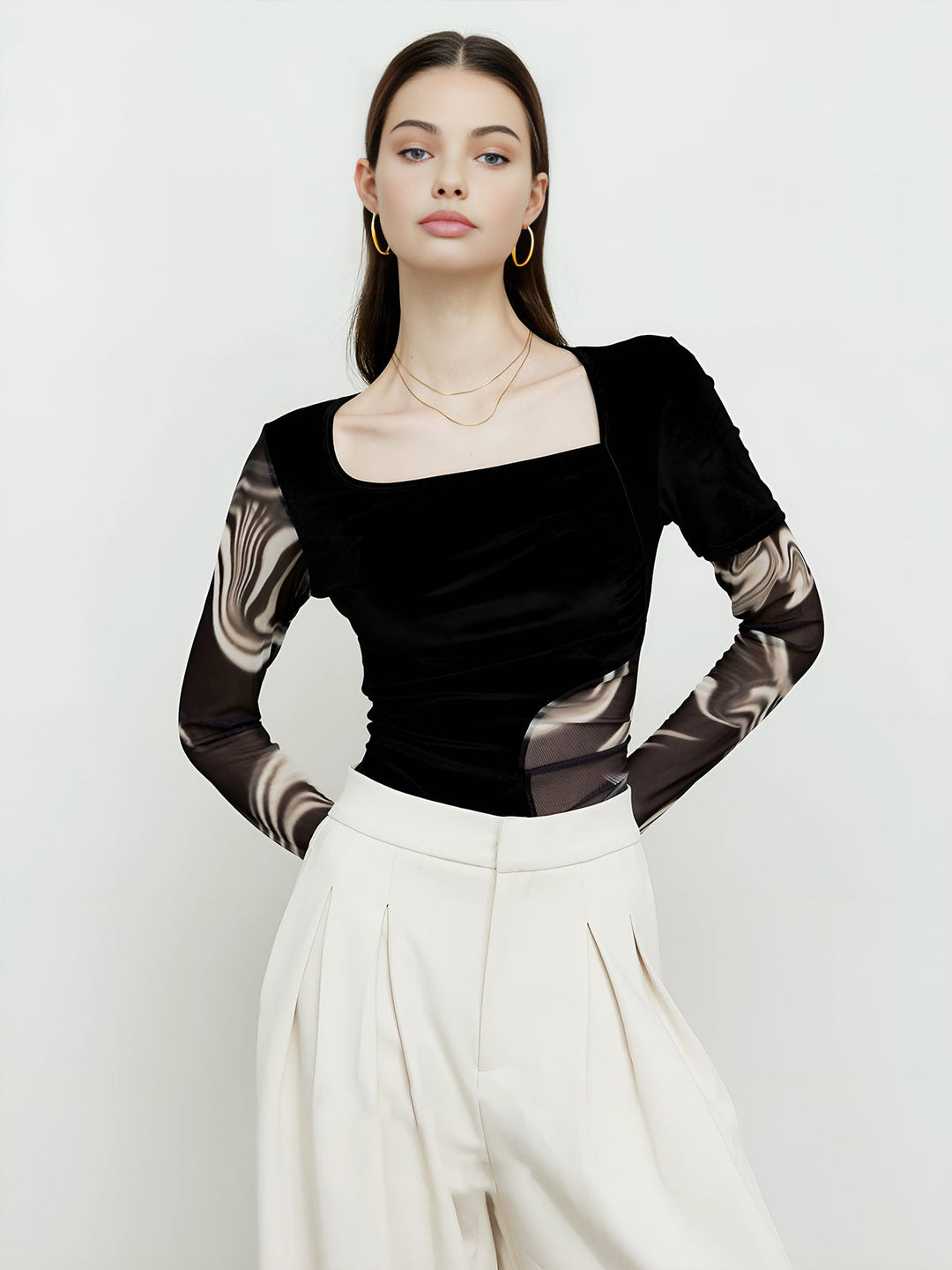 Semi-Sheer Geometrisches Print Mesh Jersey Oberteil