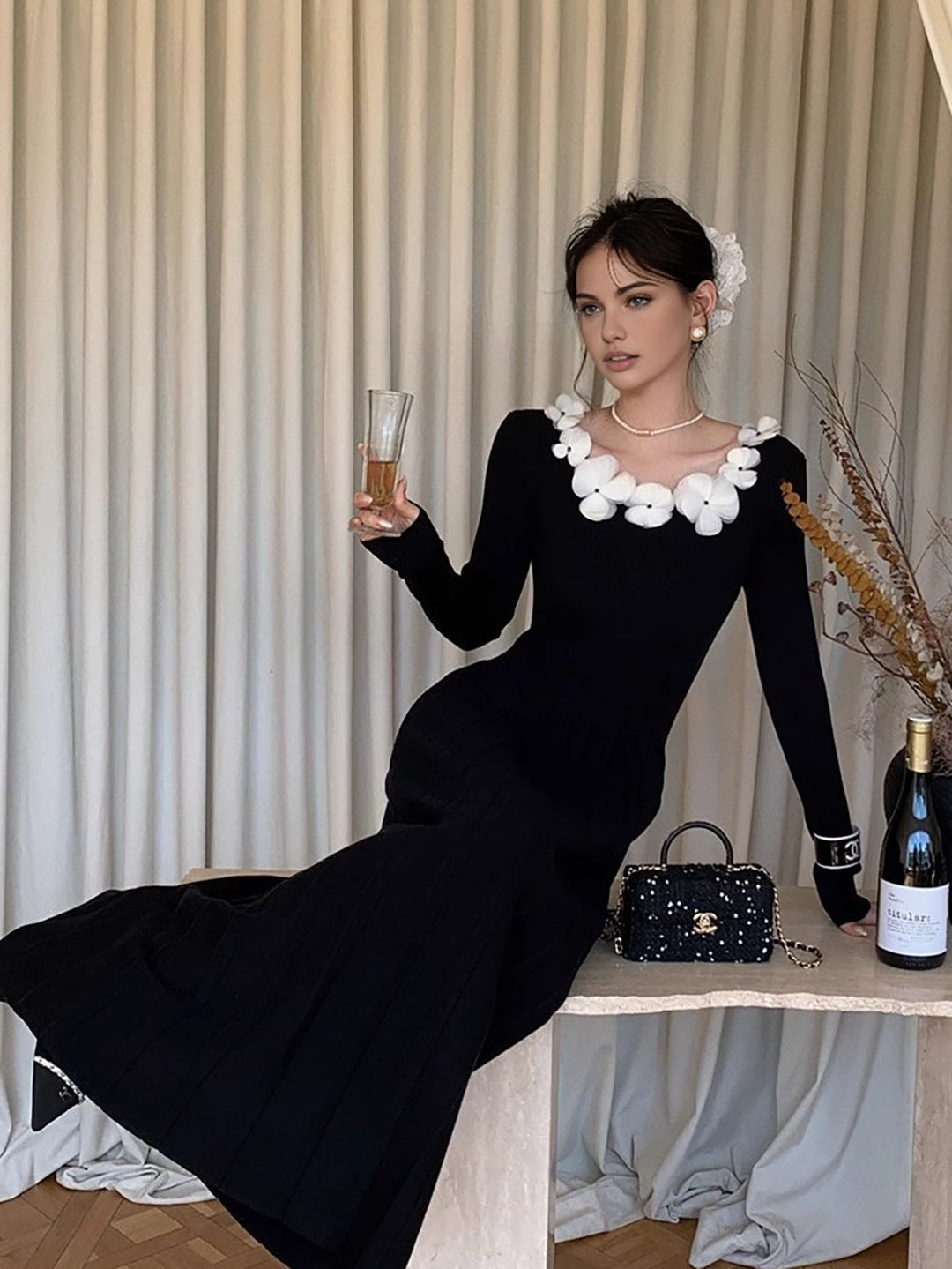 Blumen-Dekor Falten-Strickkleid