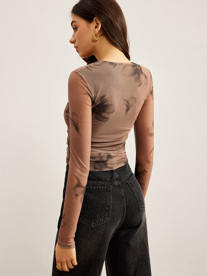 Tye-Dye-Blumenmuster-Mesh-T-Shirt