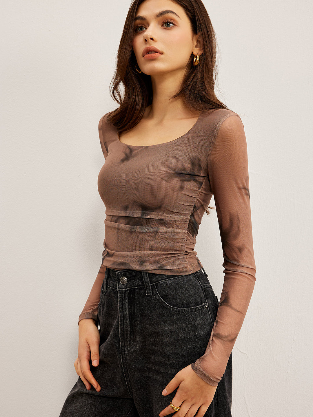 Tye-Dye-Blumenmuster-Mesh-T-Shirt