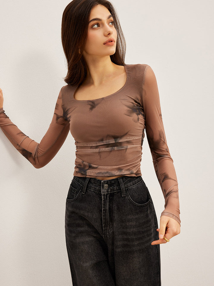 Tye-Dye-Blumenmuster-Mesh-T-Shirt