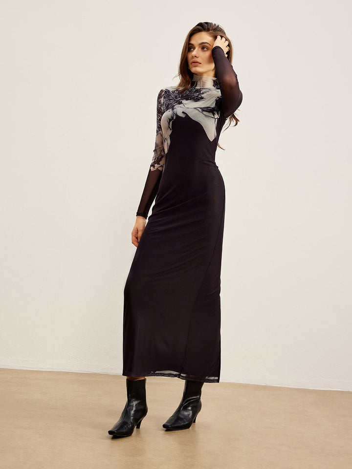 Mock-Neck-Kleid mit Print aus Mesh