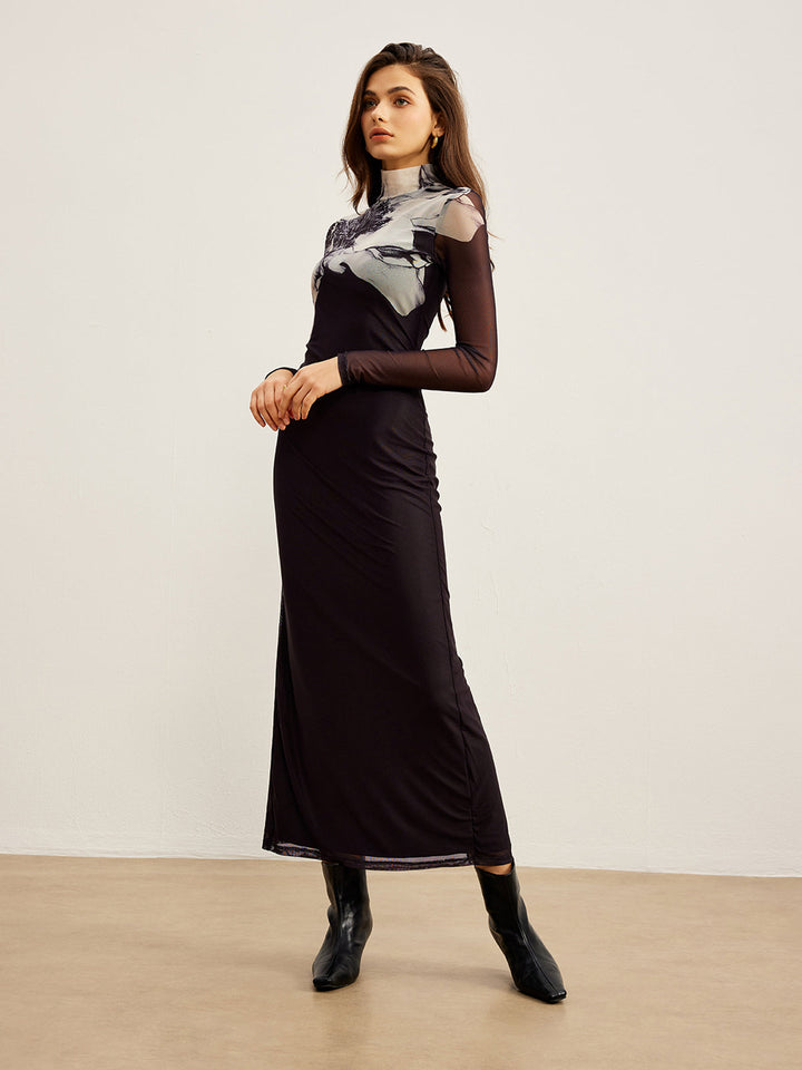 Mock-Neck-Kleid mit Print aus Mesh