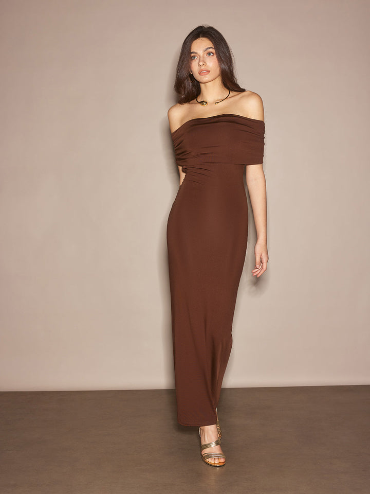 Off-Schulter Gerafftes Schlankes Langes Kleid