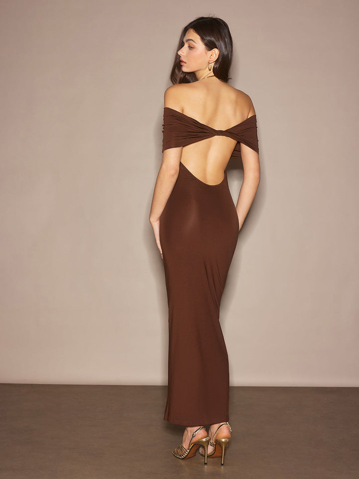 Off-Schulter Gerafftes Schlankes Langes Kleid