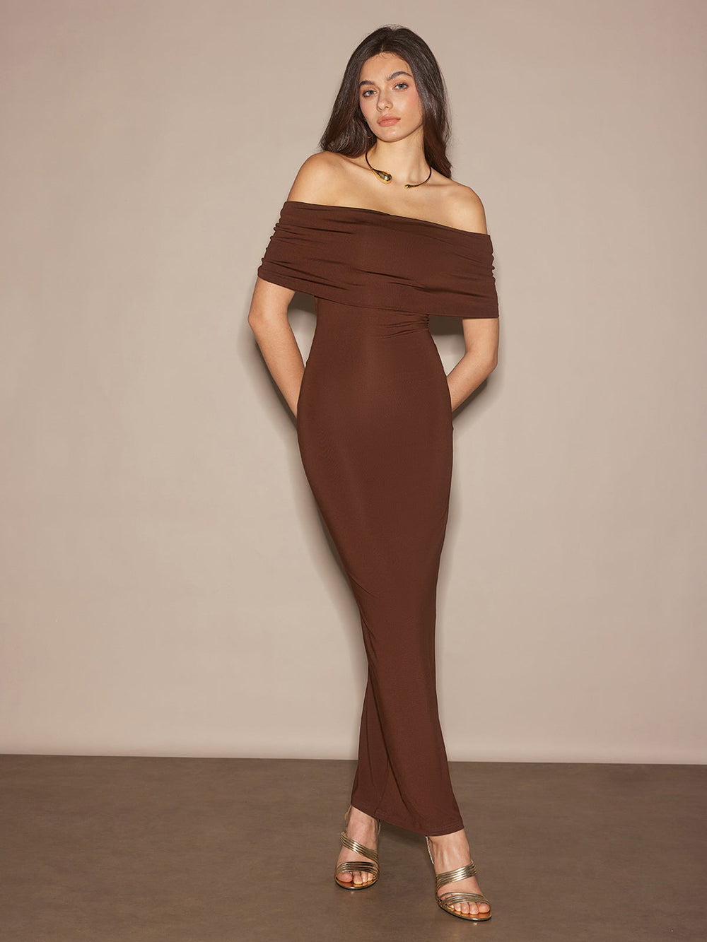 Off-Schulter Gerafftes Schlankes Langes Kleid