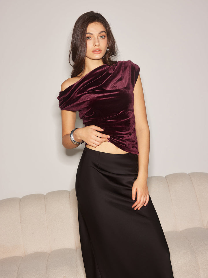 Asymmetrisches geripptes Samt-Top