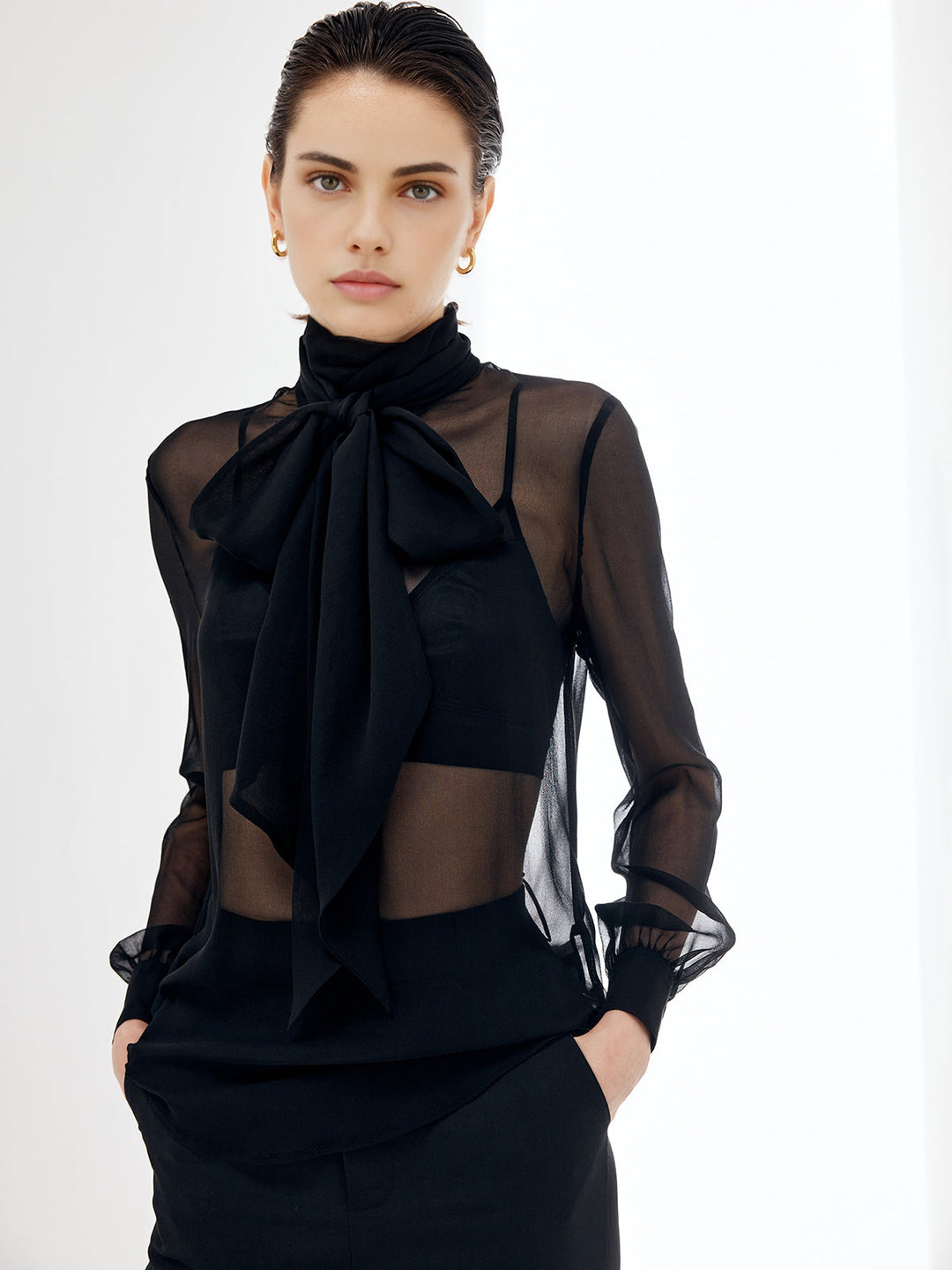 Sheer Bow Chiffon Bluse