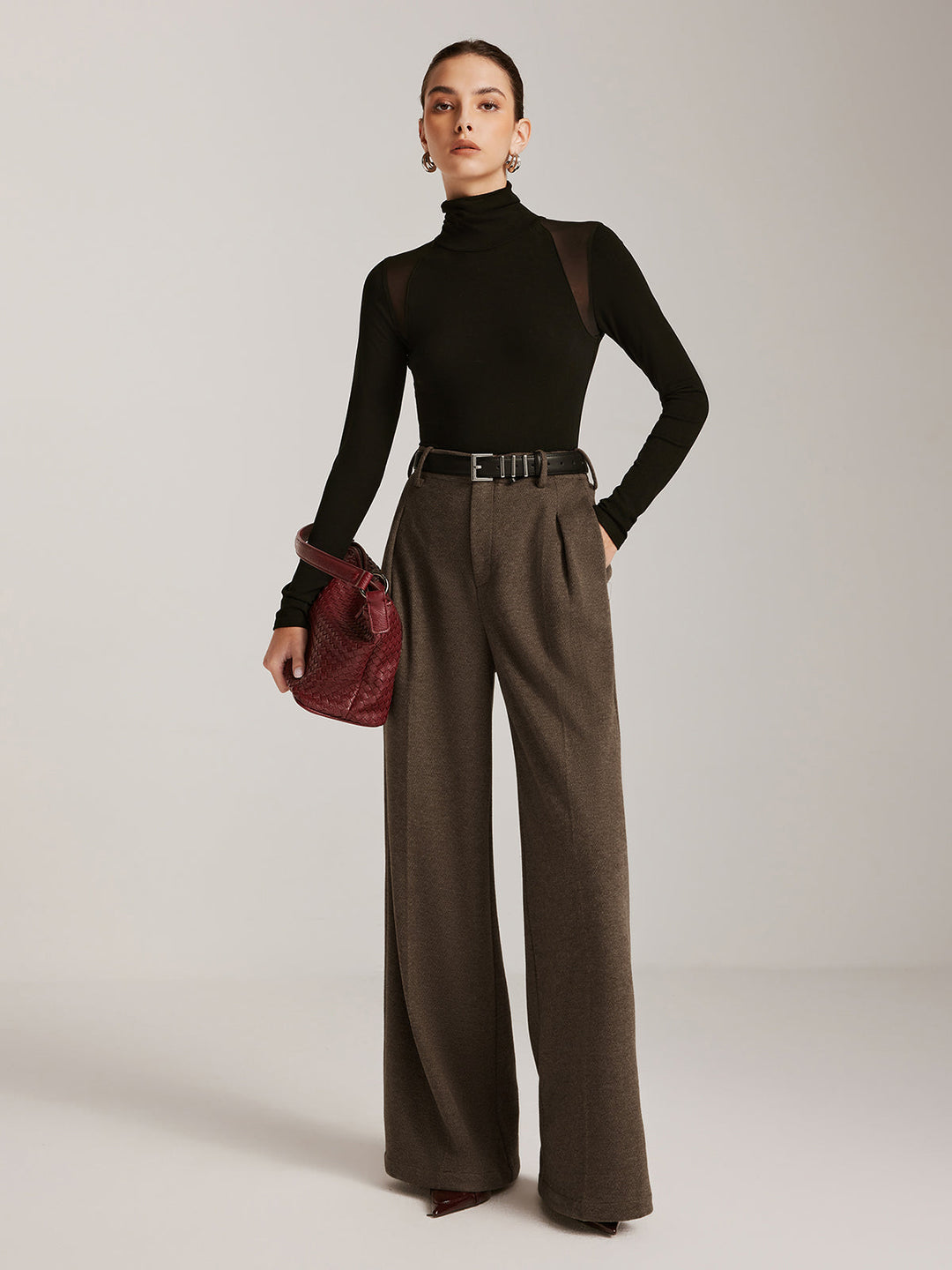 Wollmischung Hose mit breitem Bein und Hahnentrittmuster ohne Gürtel