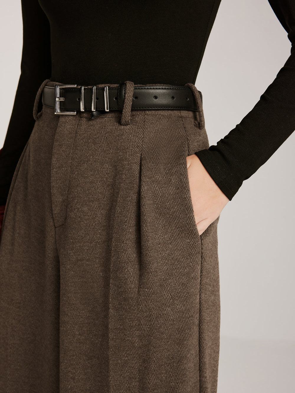 Wollmischung Hose mit breitem Bein und Hahnentrittmuster ohne Gürtel
