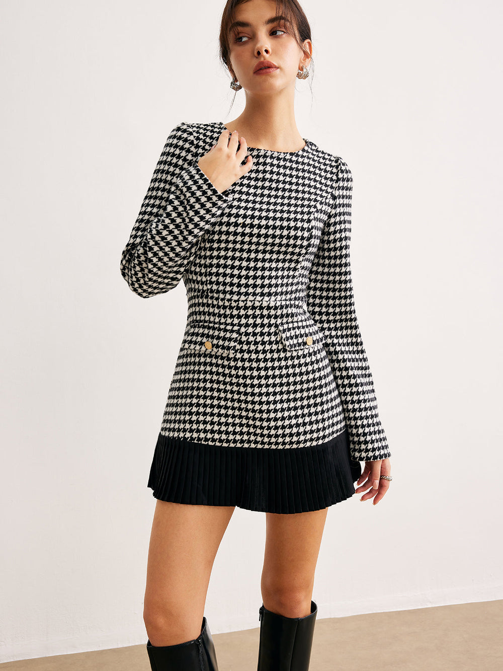 Houndstooth Panel Kurzes Kleid
