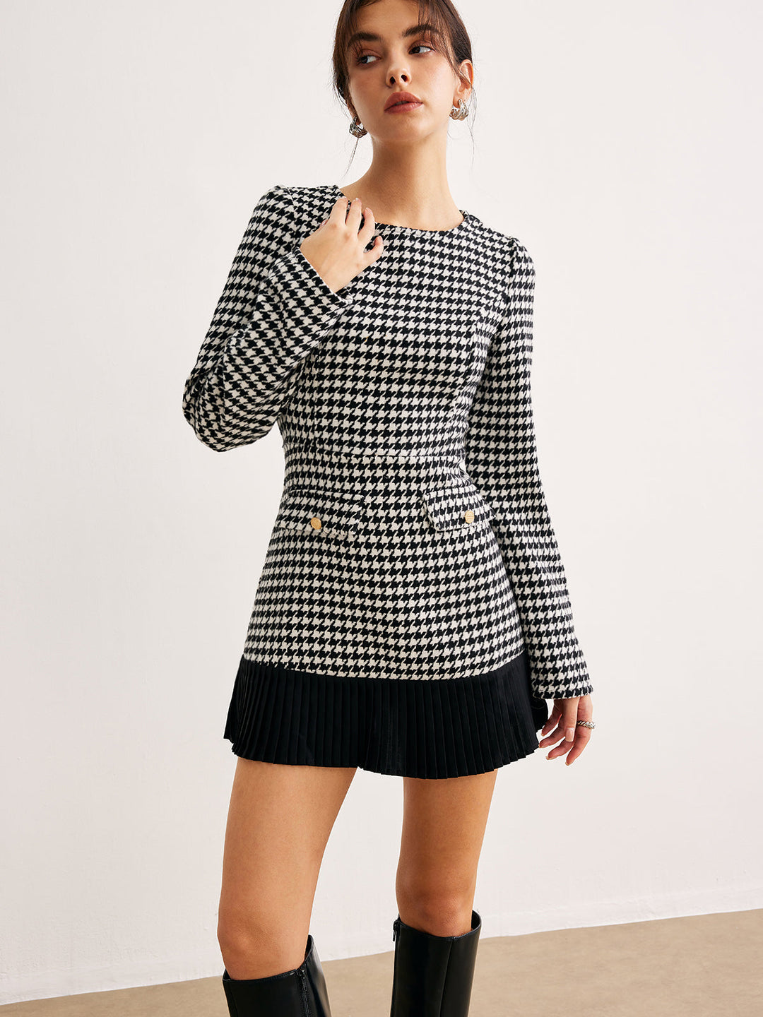 Houndstooth Panel Kurzes Kleid