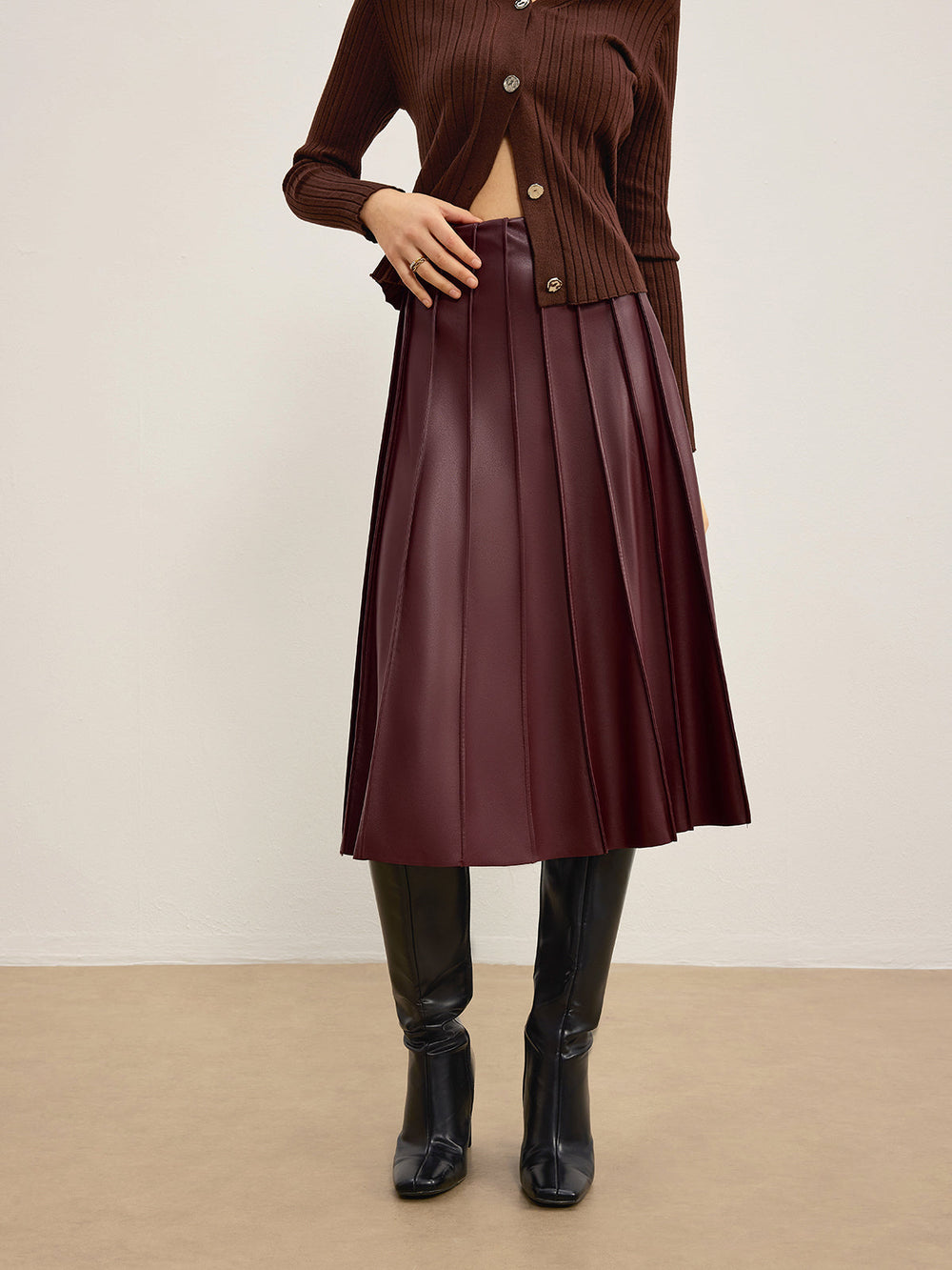 Faux Leder Midirock mit Falten