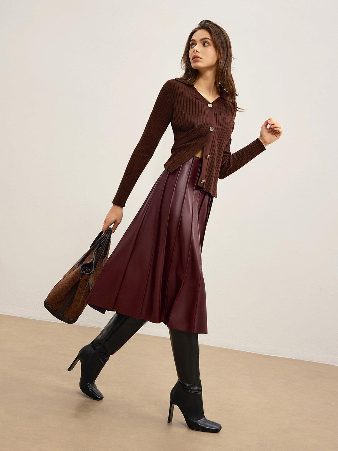 Faux Leder Midirock mit Falten