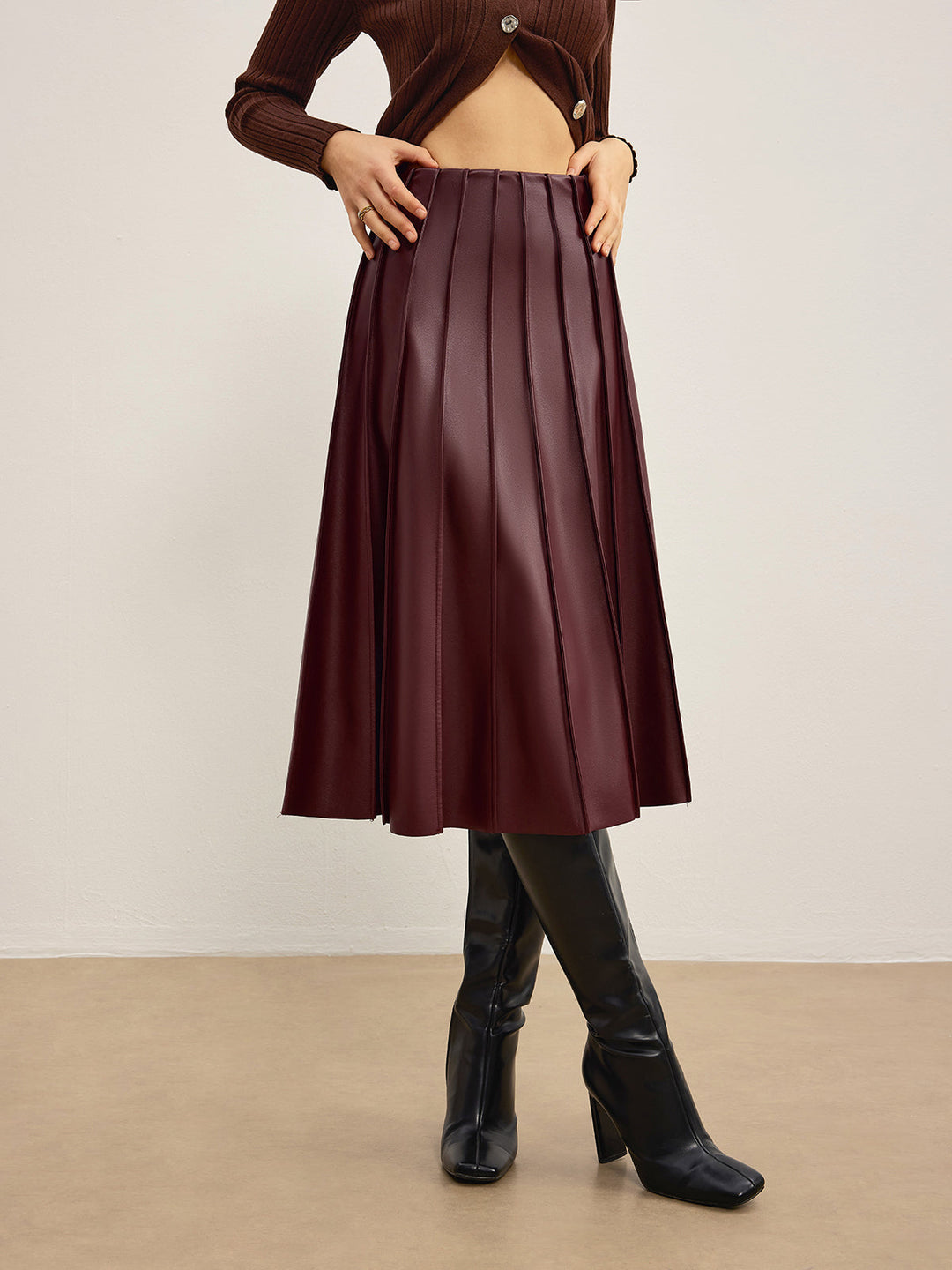 Faux Leder Midirock mit Falten