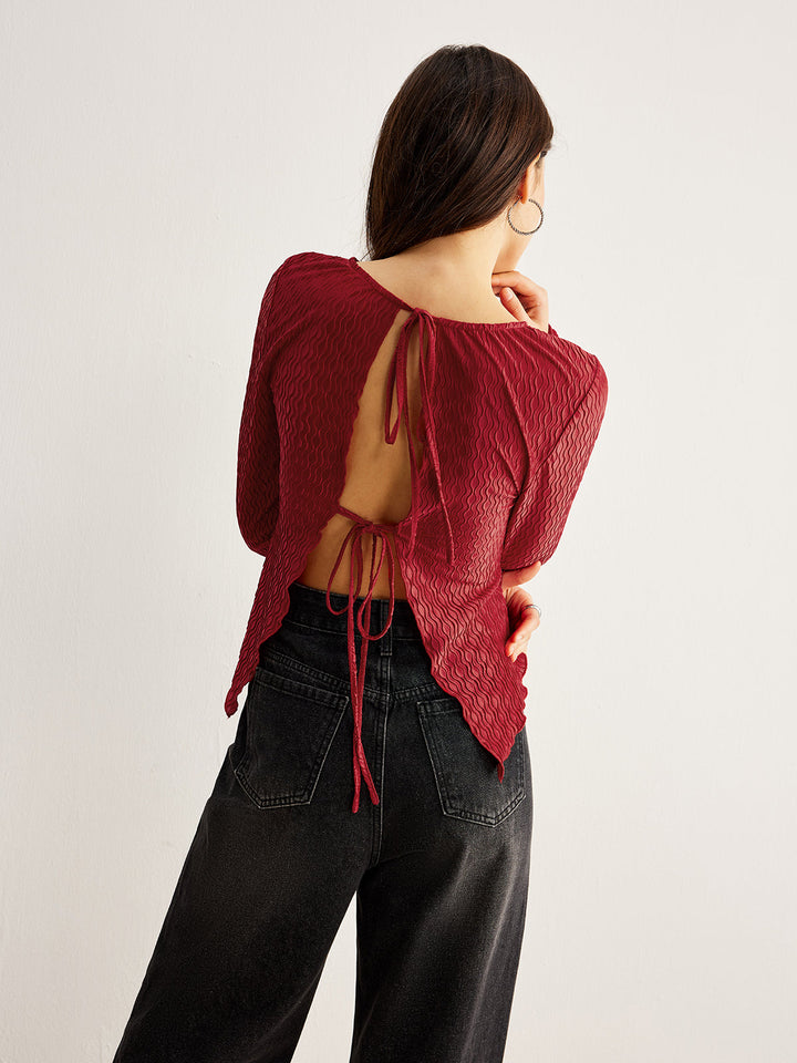 Curve Textured Backless Tie Bluse