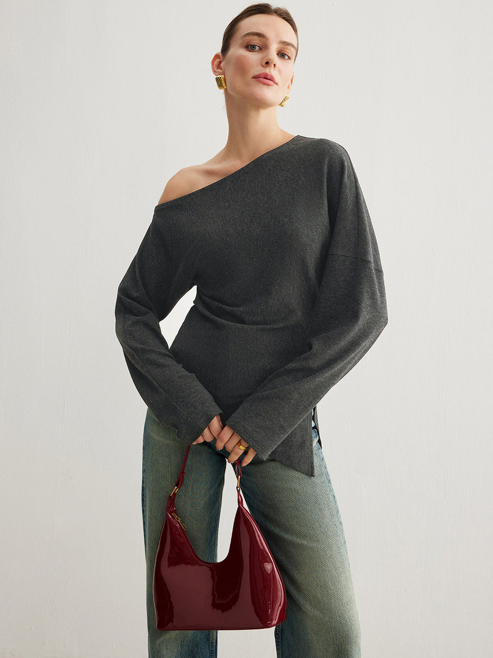 Asymmetrischer Neck Slit Cinched Top