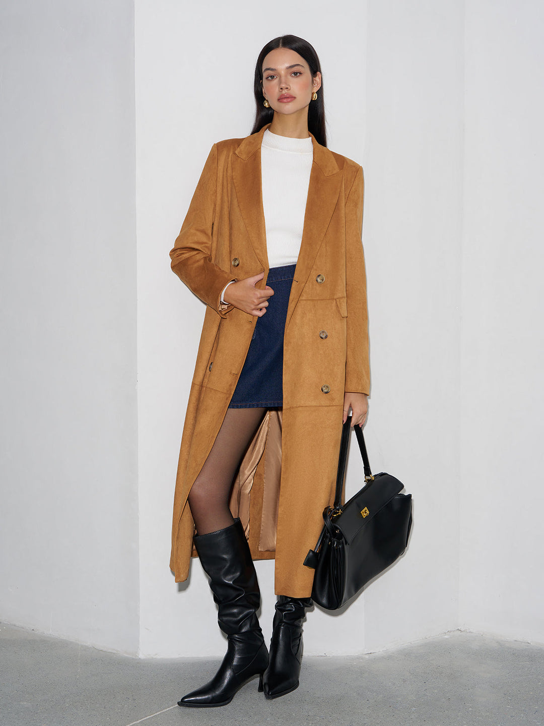 Wildleder-Knopf-Blazer mit langen Ärmeln