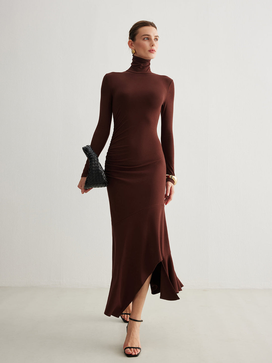 Rollkragen Unregelmäßiges Plissee Langes Kleid