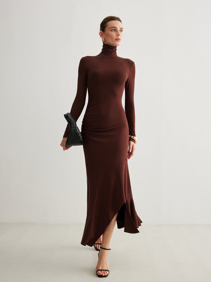 Rollkragen Unregelmäßiges Plissee Langes Kleid