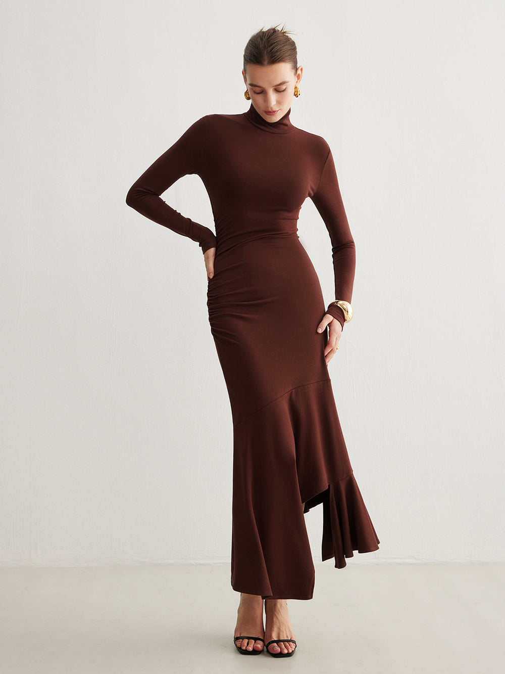 Rollkragen Unregelmäßiges Plissee Langes Kleid