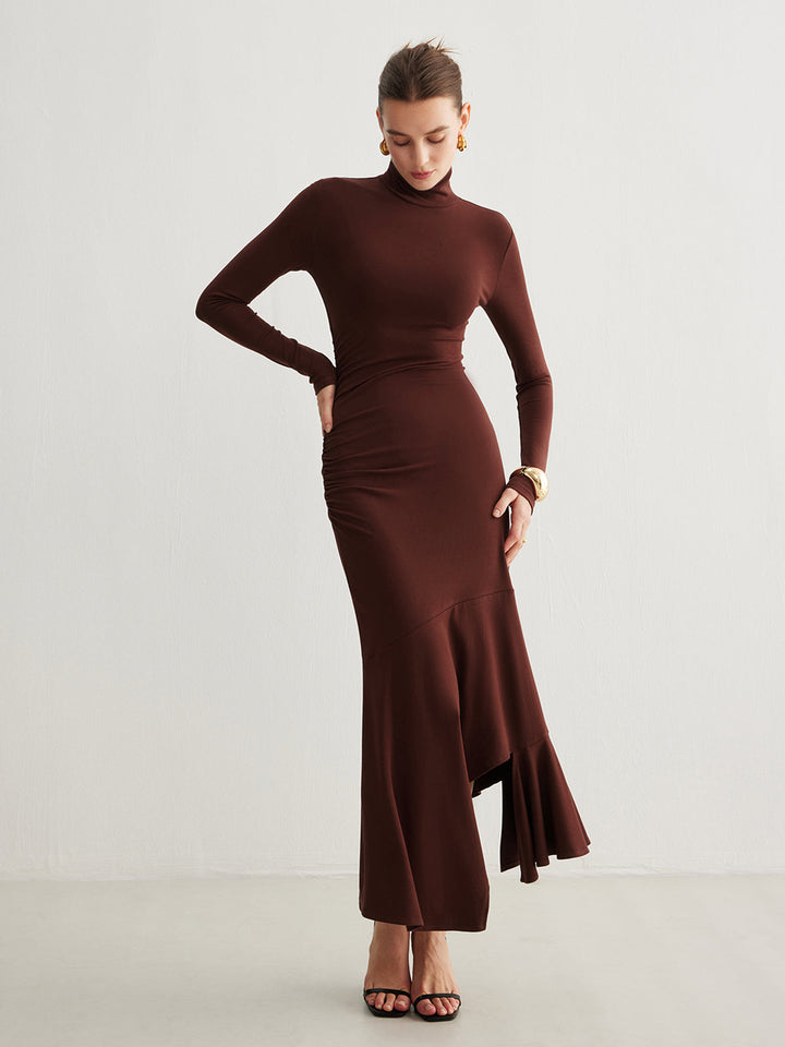 Rollkragen Unregelmäßiges Plissee Langes Kleid