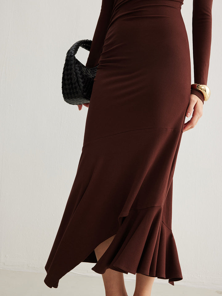 Rollkragen Unregelmäßiges Plissee Langes Kleid