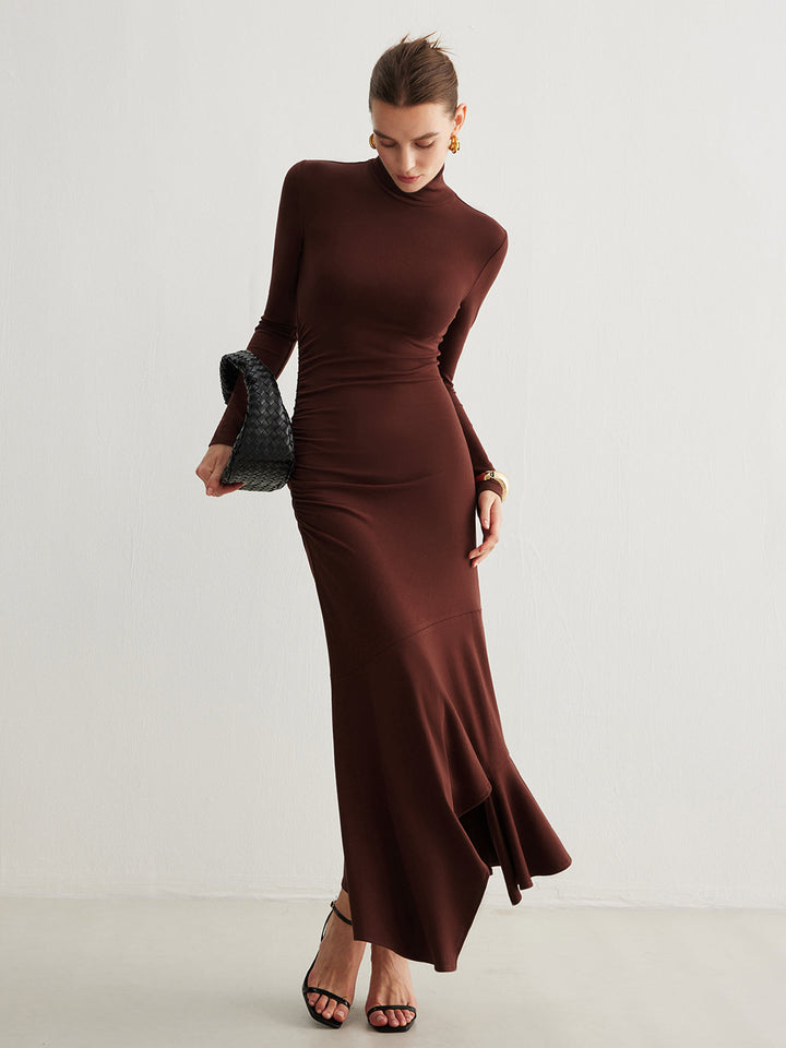 Rollkragen Unregelmäßiges Plissee Langes Kleid