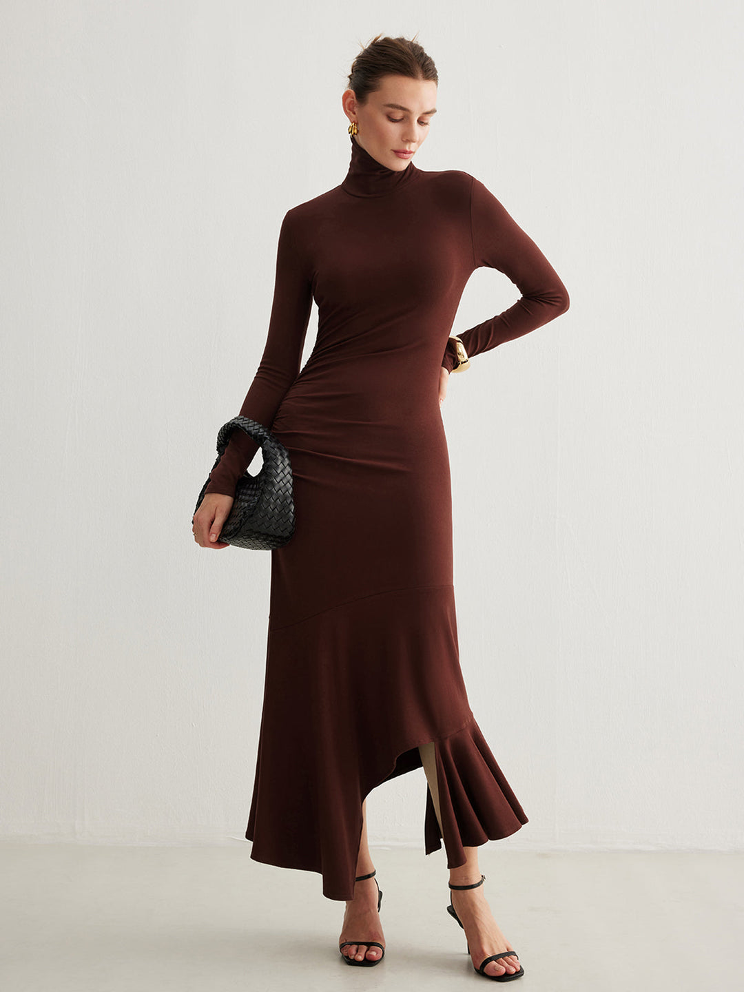 Rollkragen Unregelmäßiges Plissee Langes Kleid