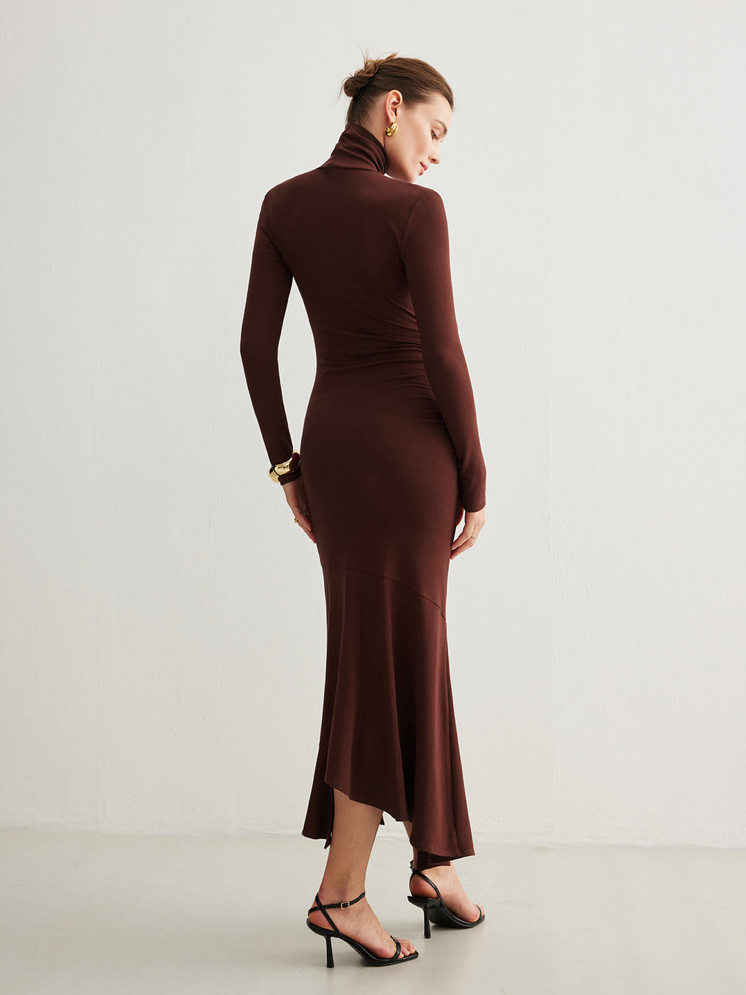 Rollkragen Unregelmäßiges Plissee Langes Kleid