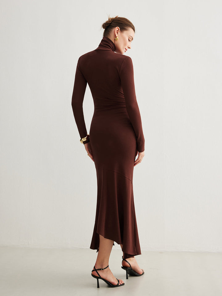 Rollkragen Unregelmäßiges Plissee Langes Kleid