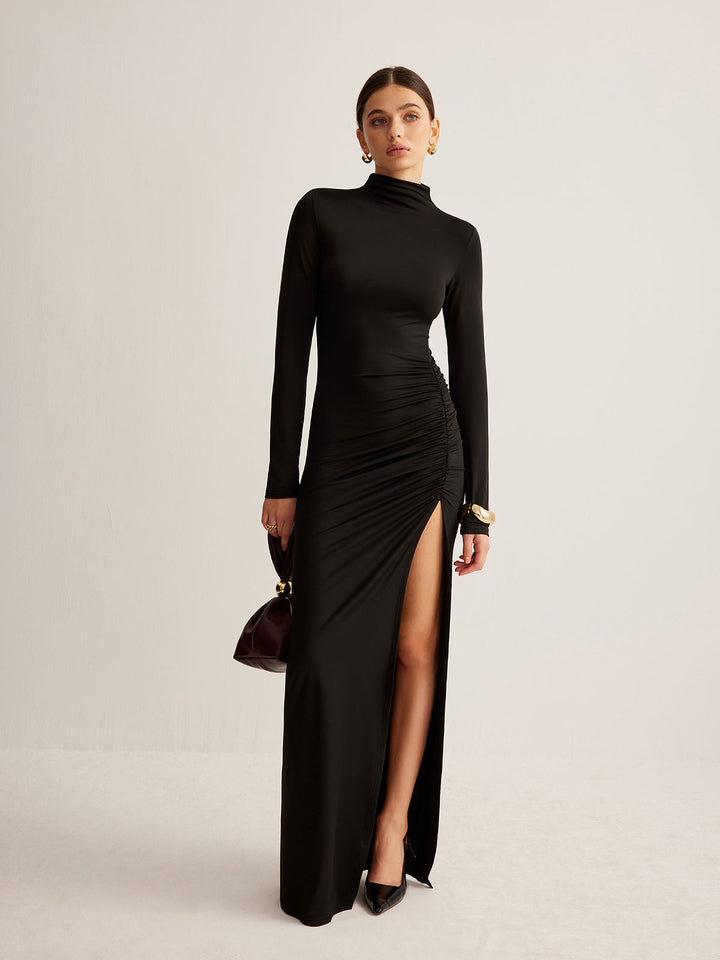 Standkragen-Jerseykleid mit Falten und Schlitz