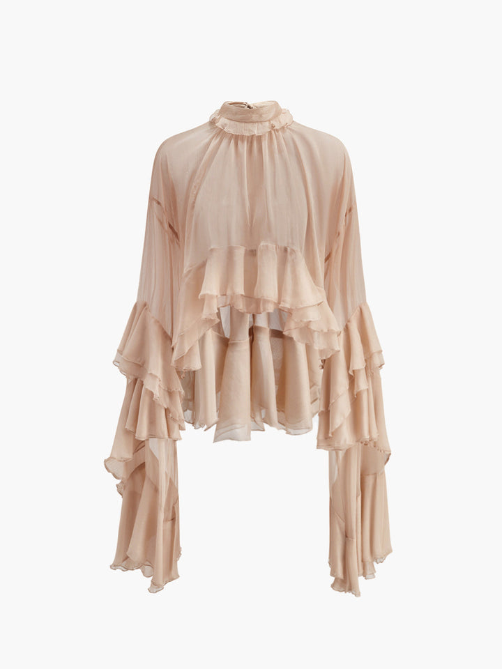 Sheer Rollkragen Rüschen Chiffonbluse