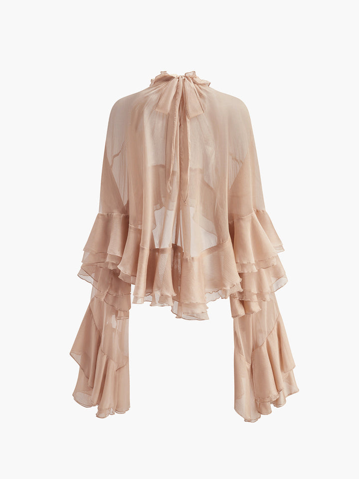Sheer Rollkragen Rüschen Chiffonbluse