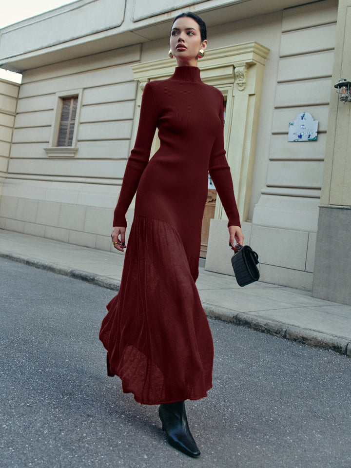 Pulloverkleid mit gerippten Einsätzen und Rollkragen