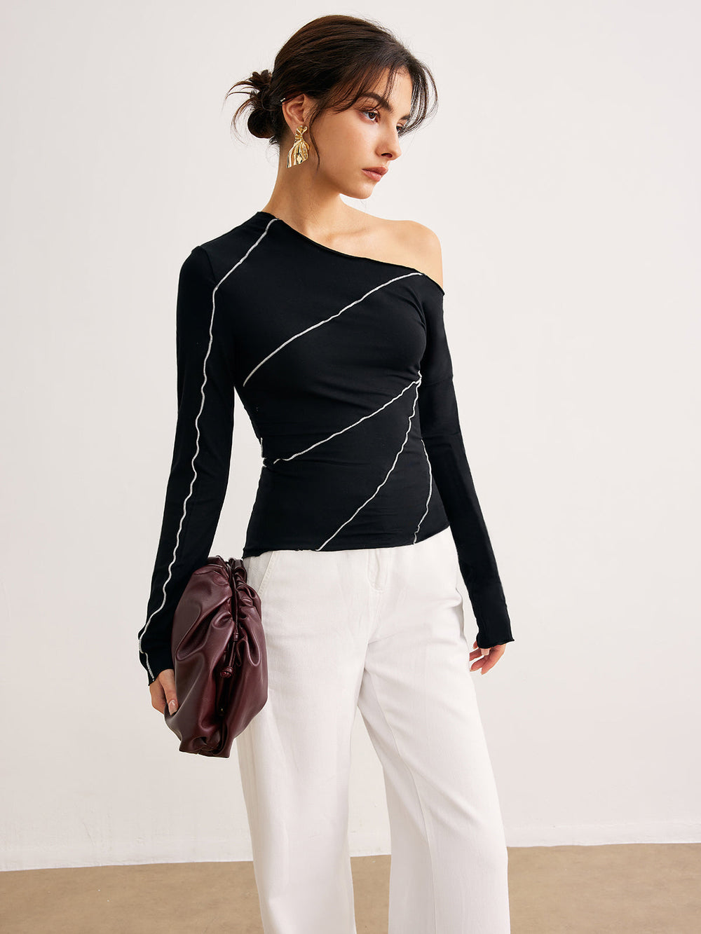 One-Shoulder Kontrastpaspel Skinny T-Shirt