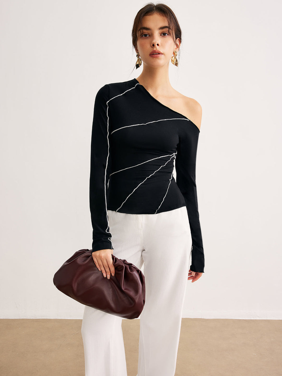One-Shoulder Kontrastpaspel Skinny T-Shirt