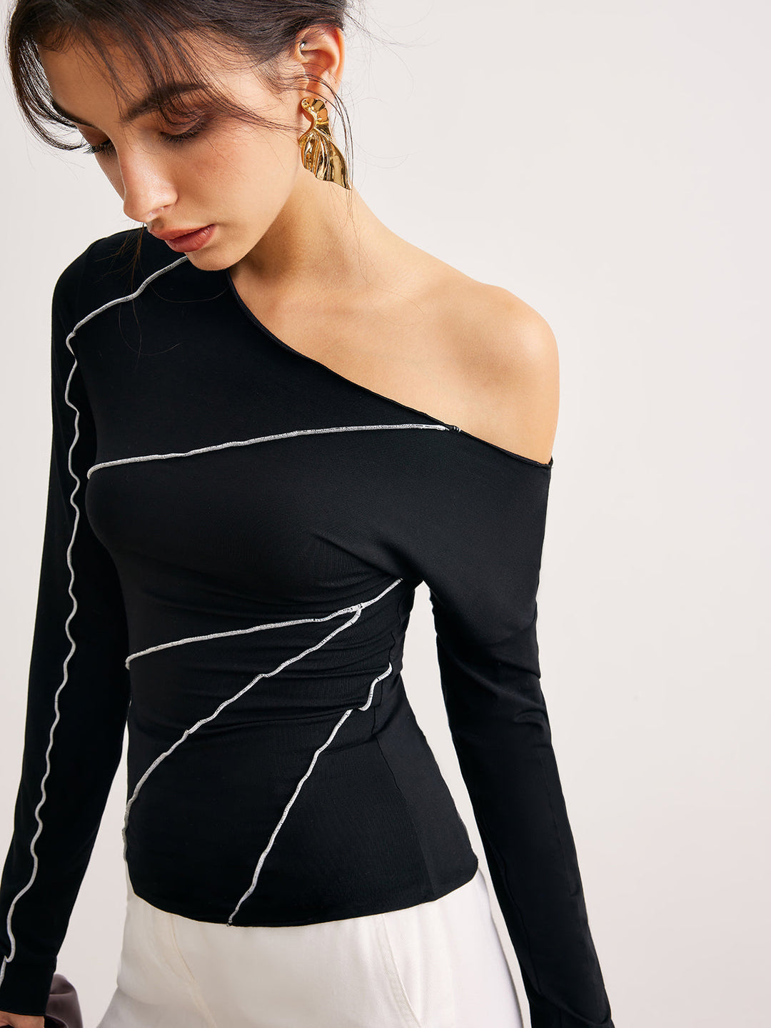 One-Shoulder Kontrastpaspel Skinny T-Shirt