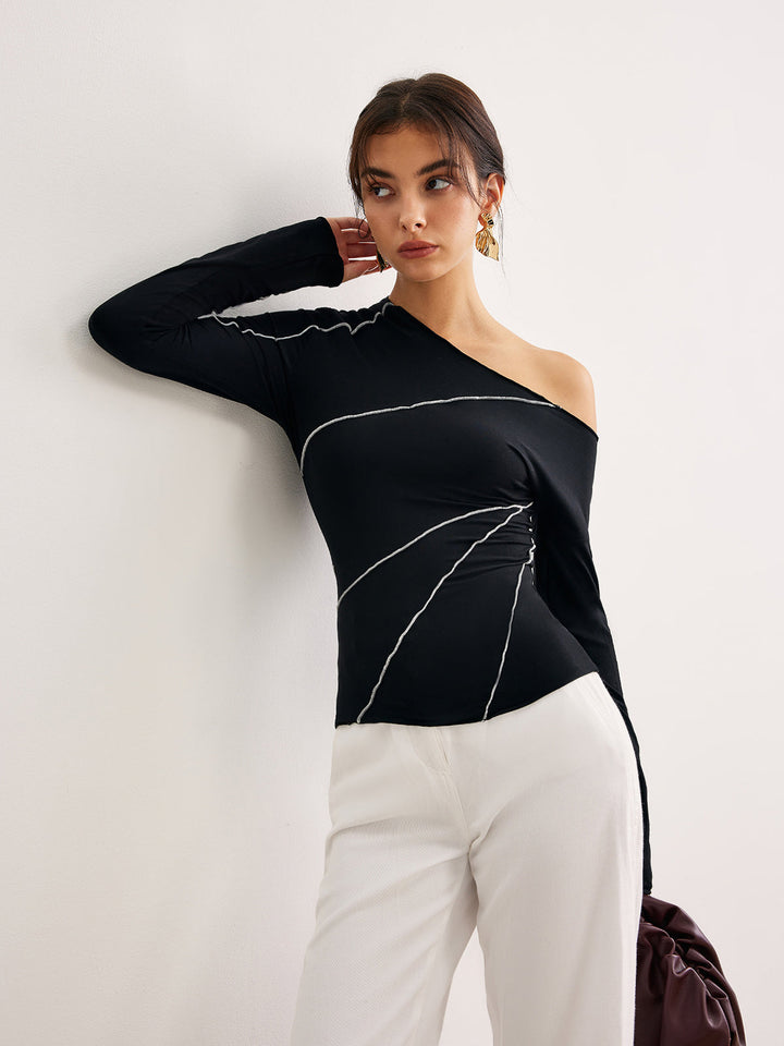 One-Shoulder Kontrastpaspel Skinny T-Shirt
