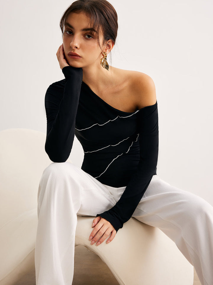 One-Shoulder Kontrastpaspel Skinny T-Shirt