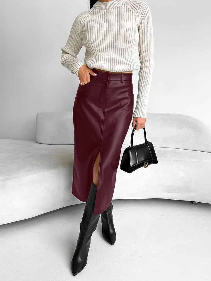 Faux Leather Slit Midi Rock