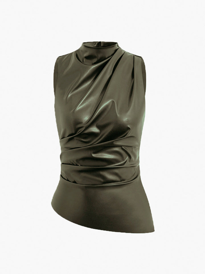 Mock-Neck Kunstleder-Tanktop mit Raffung