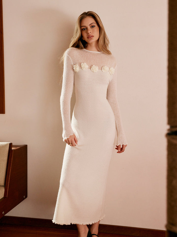 Wollmischung 3D Blumen-Rüschenkragen Pulloverkleid