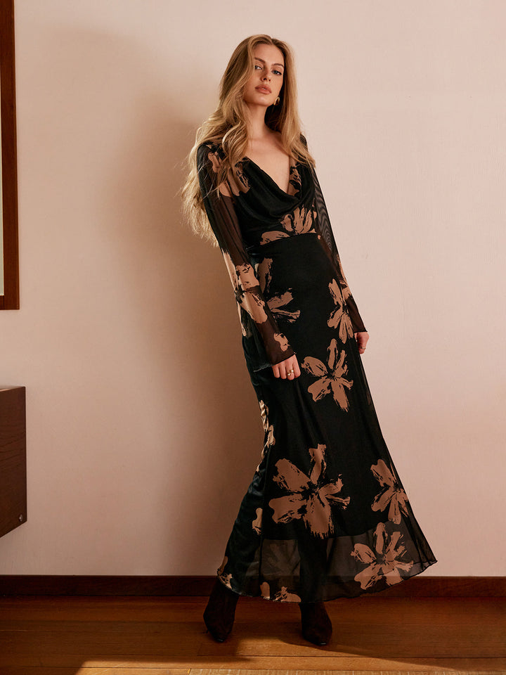 Boheme Blumenmuster Kleid mit Schal-Ausschnitt
