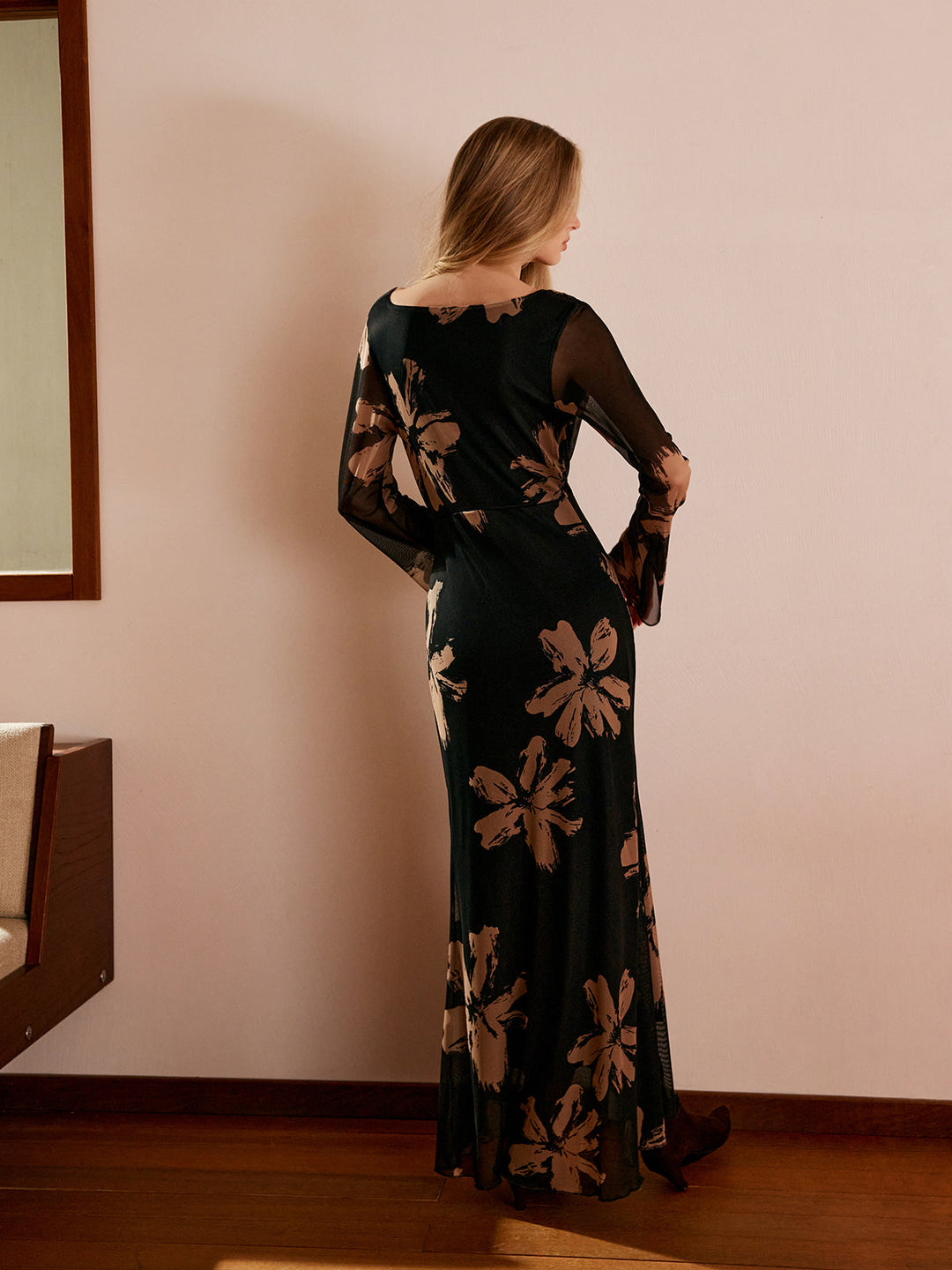 Boheme Blumenmuster Kleid mit Schal-Ausschnitt