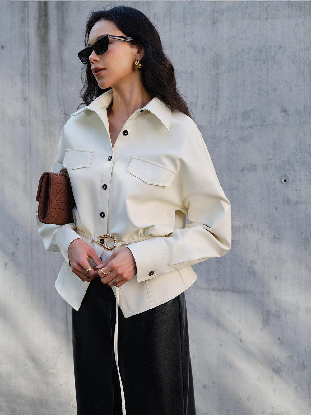 Faux Leder Knopf Poloshirt Ohne Gürtel