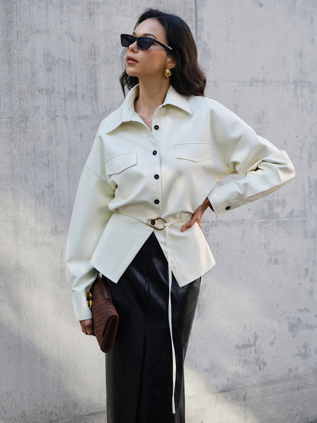Faux Leder Knopf Poloshirt Ohne Gürtel