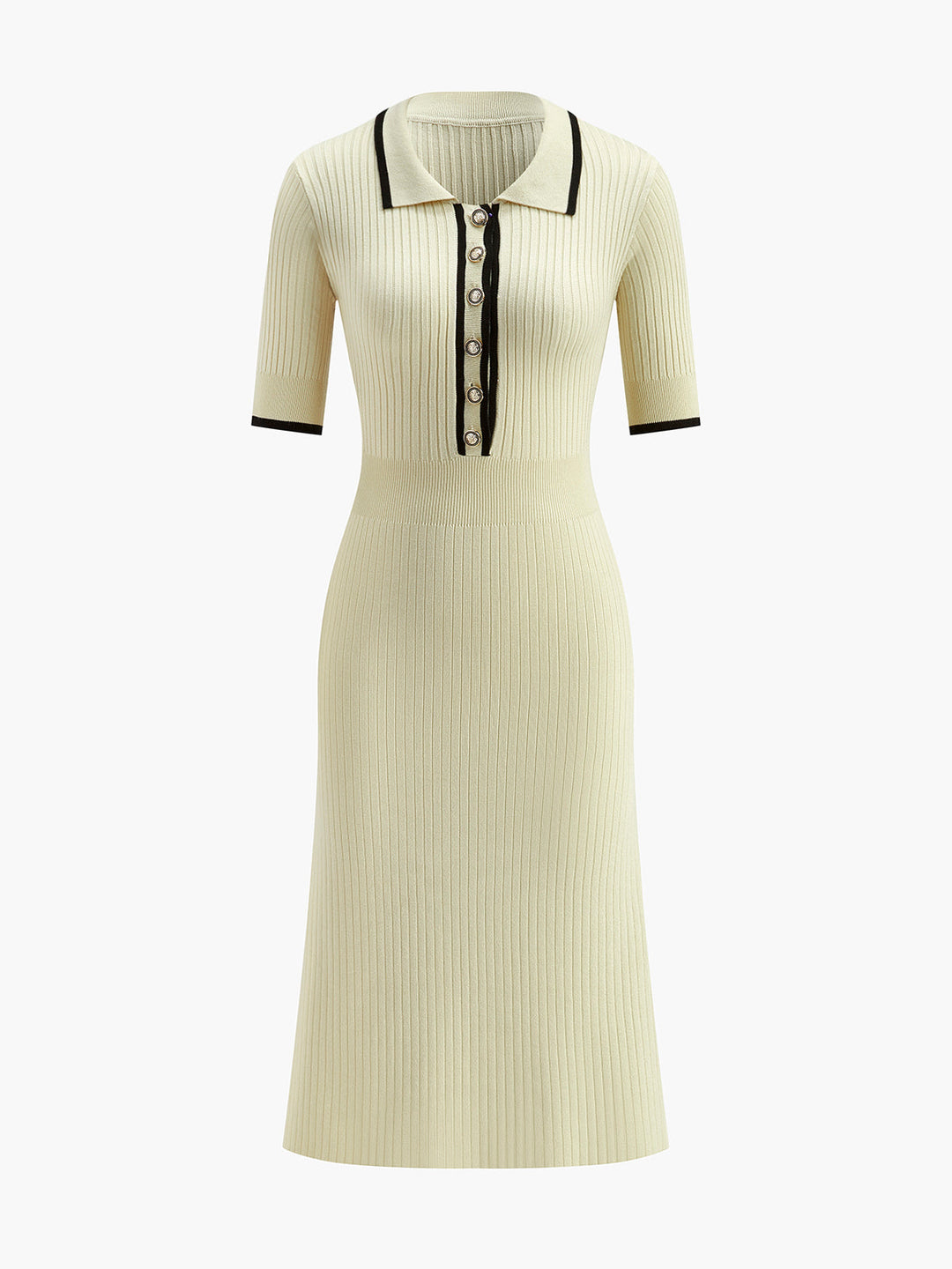 Geripptes Midikleid mit Kontrastkragen und kurzen Ärmeln