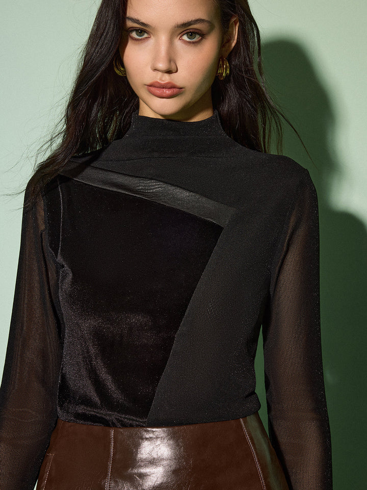 Mock-Neck Samt Netz Slim-Top